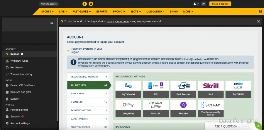 deposit methods in melbet app